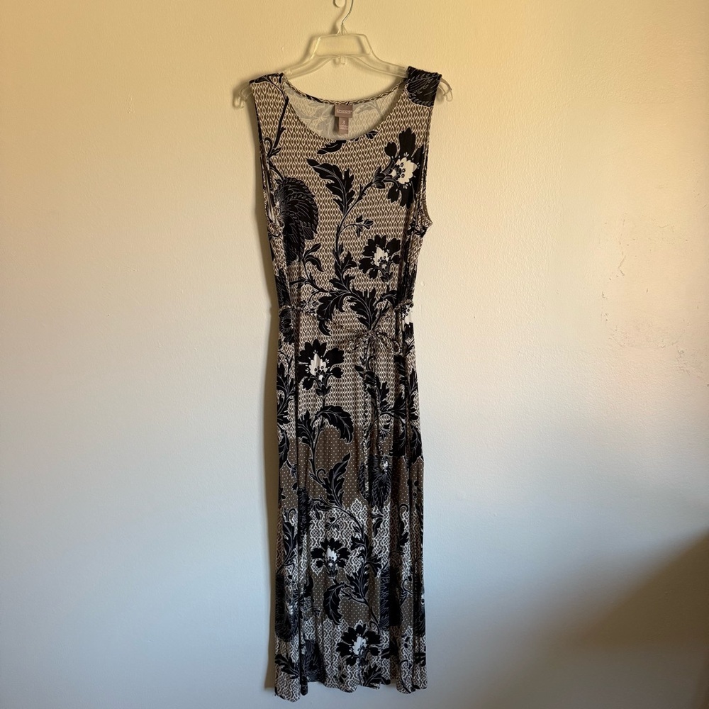 Chico's Sleeveless Maxi Dress Neutral Geometric Floral Print Tie Waist Size XL - Picture 2 of 10